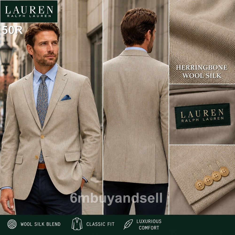 Lauren‎ Ralph Lauren Mens 50R Tan Herringbone Silk Wool Blazer Sport Coat 50 R